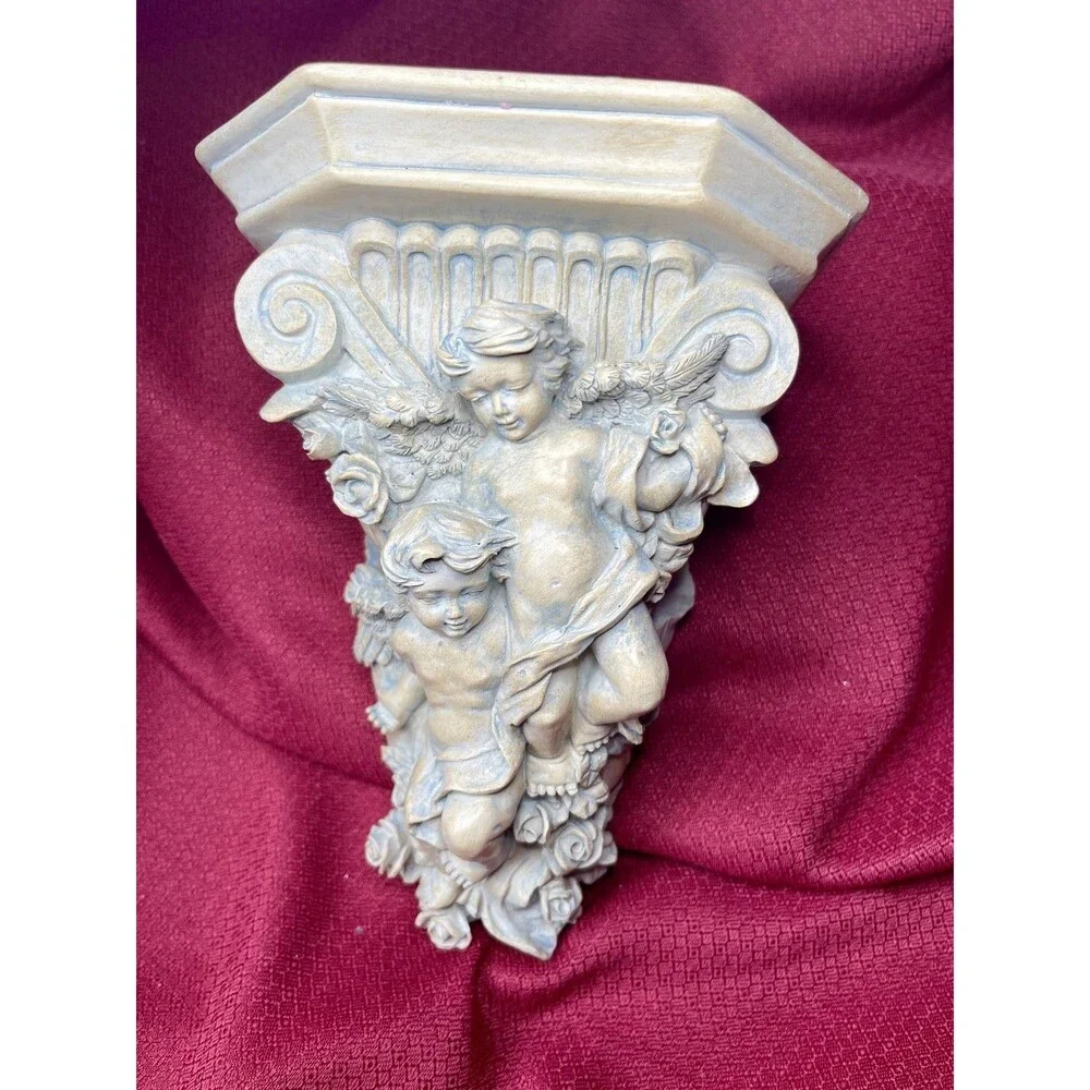 Pair of Gothic Corbels Ornate Baroque Floating Wall Shelves Curtain Rod Cherubs